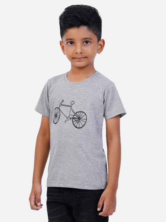 AirGarb kids' t-shirt featuring soft black cotton fabric, a round neck, and a stylish bottle green drawn cycle design, perfect for casual wear.
