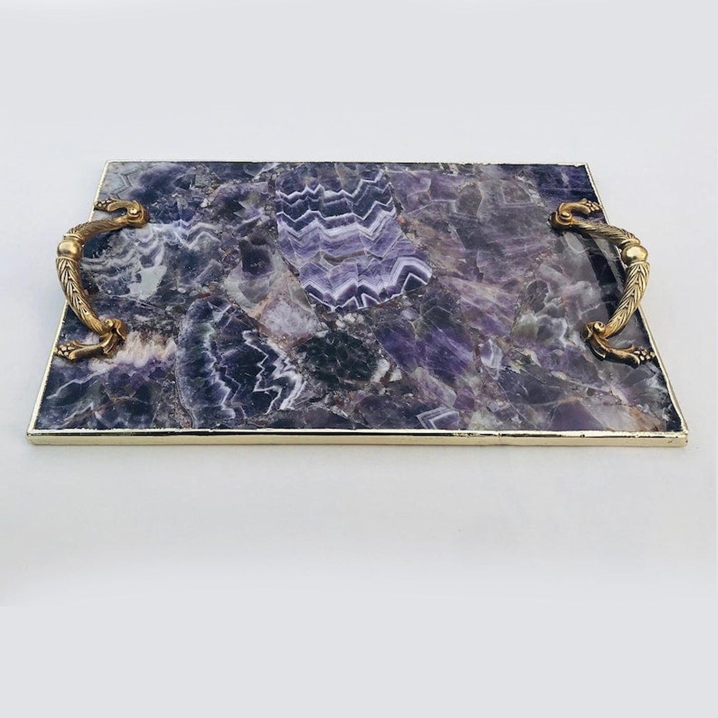 Amethyst Agate Serving Tray With Brass Handles
