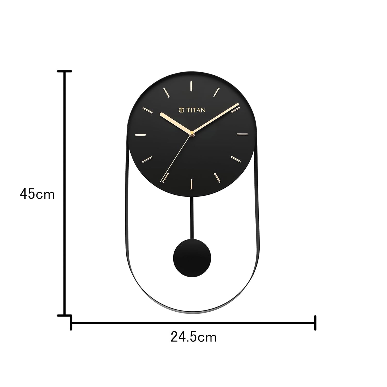 Titan Premium Black Metal Pendulum Wall Clock – Silent Non-Ticking Sweep Movement, Modern Minimalist Open Dial, Gold Hands & Indices, Decorative Wall Décor, 45cm x 24.5cm -W0086MP01