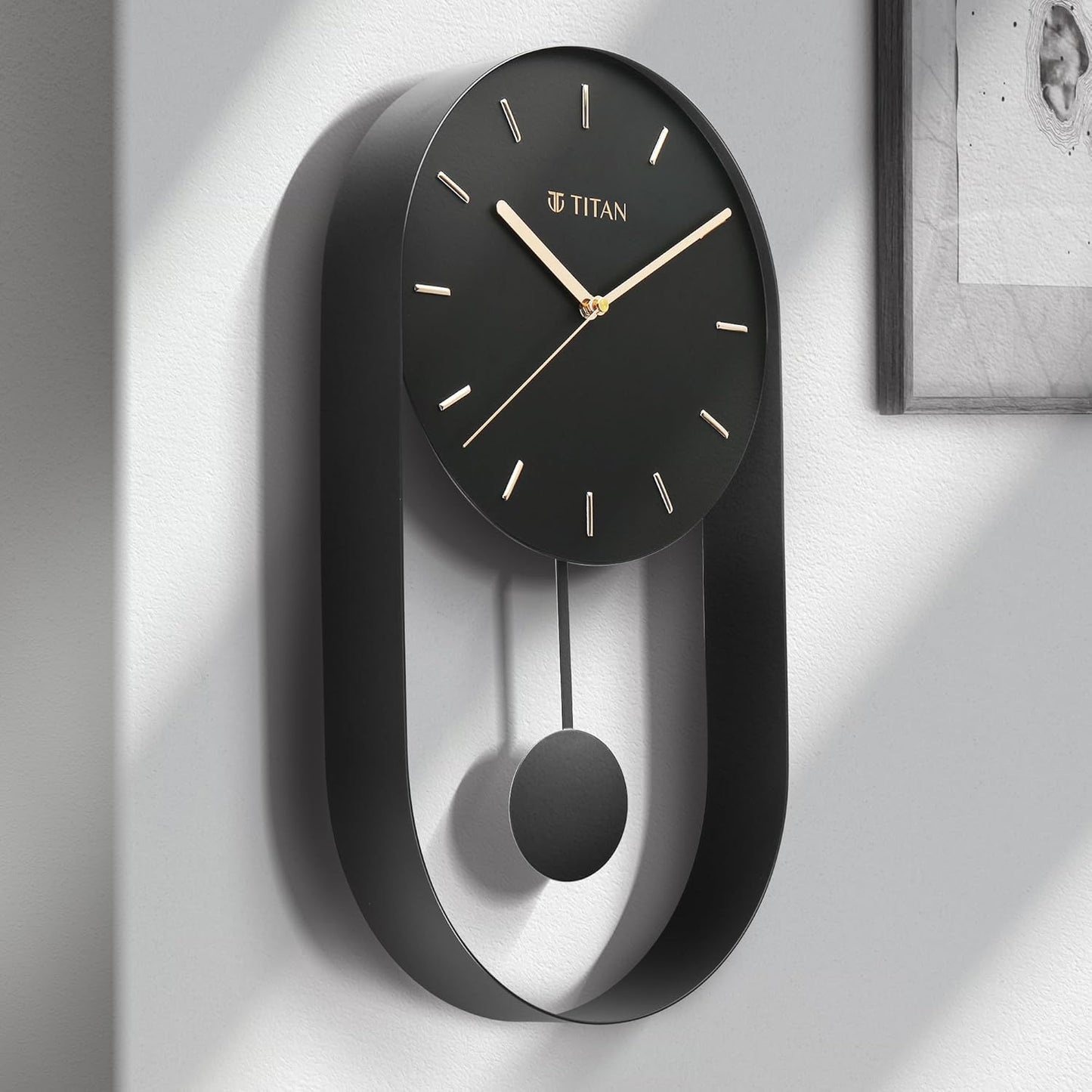 Titan Premium Black Metal Pendulum Wall Clock – Silent Non-Ticking Sweep Movement, Modern Minimalist Open Dial, Gold Hands & Indices, Decorative Wall Décor, 45cm x 24.5cm -W0086MP01