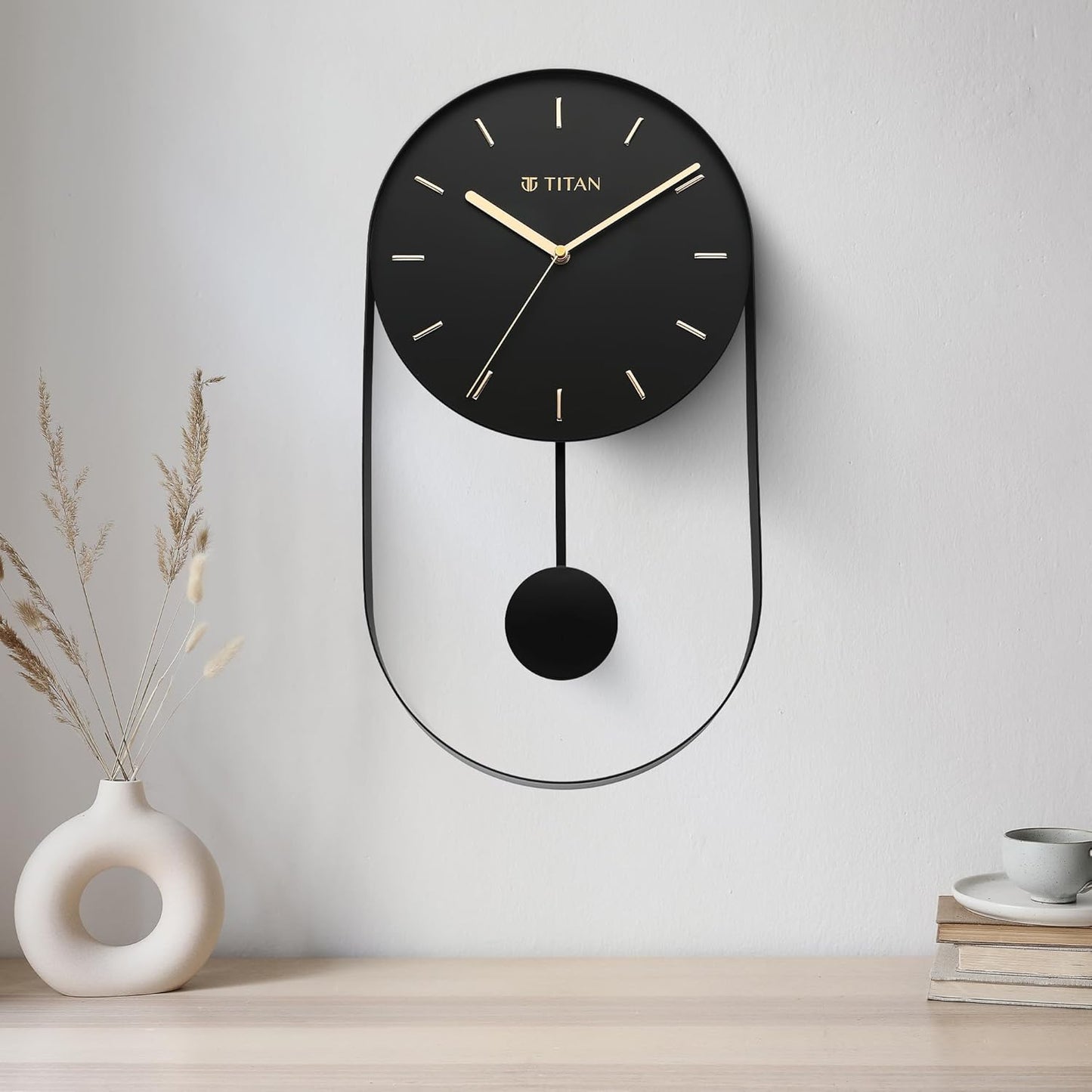Titan Premium Black Metal Pendulum Wall Clock – Silent Non-Ticking Sweep Movement, Modern Minimalist Open Dial, Gold Hands & Indices, Decorative Wall Décor, 45cm x 24.5cm -W0086MP01